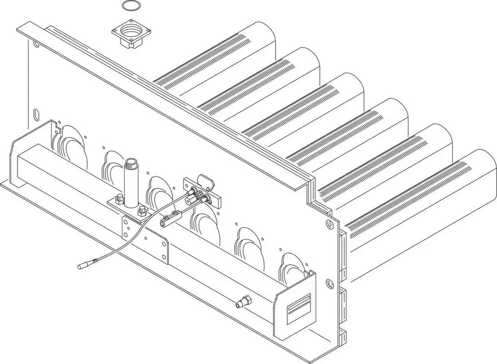 Bosch Umrüstset mit mehreren senkrechten Rohren, Montageschienen und Anschlusskomponenten. Detailansicht auf der Rückseite mit Anschlüssen und Befestigungselementen.